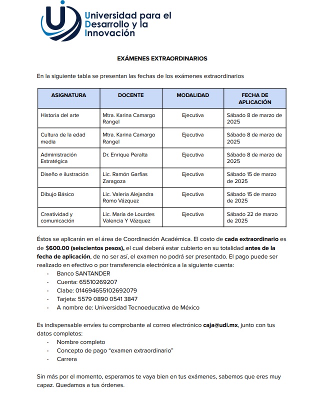 Calendario para la aplicación de exámenes extraordinarios modalidad EJECUTIVA